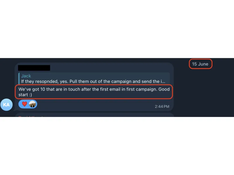 Testimonial screenshot: Ten responses from first campaign email
