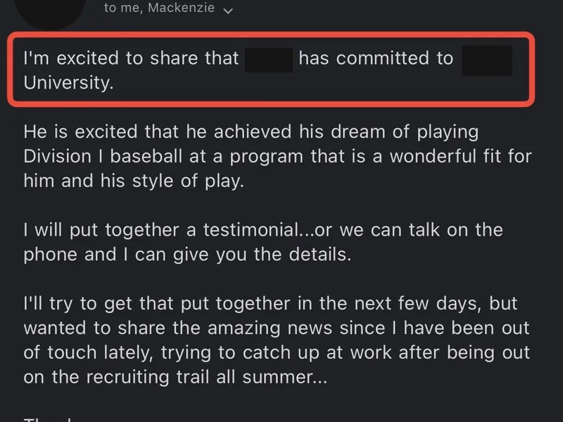 Testimonial screenshot: Achieved dream of playing Division 1 baseball