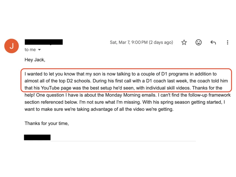 Testimonial screenshot: D1 coach praised YouTube video presentation