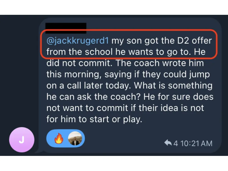 Testimonial screenshot: Athlete received D2 offer from target school