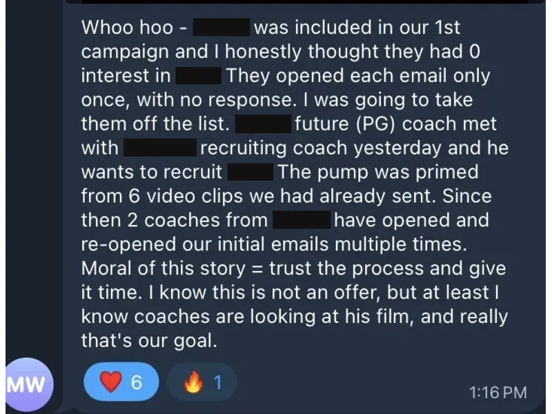 Testimonial screenshot: Coaches reviewing film after initial email campaign