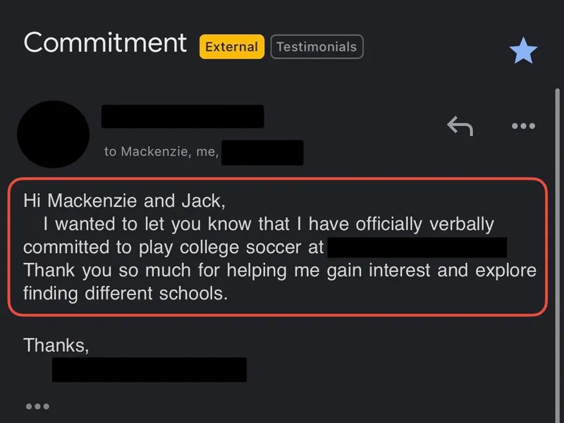 Testimonial screenshot: Official verbal commitment to play college soccer