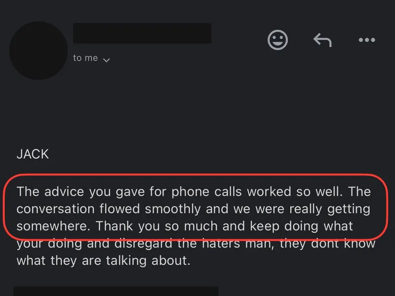 Testimonial screenshot: Advice for smoother phone conversations with coaches
