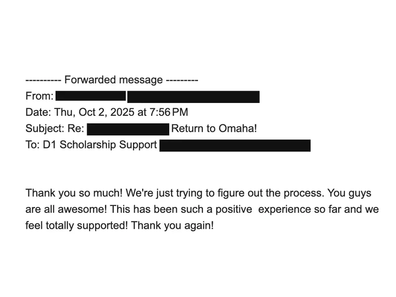 Testimonial screenshot: Supportive and positive experience with scholarship process