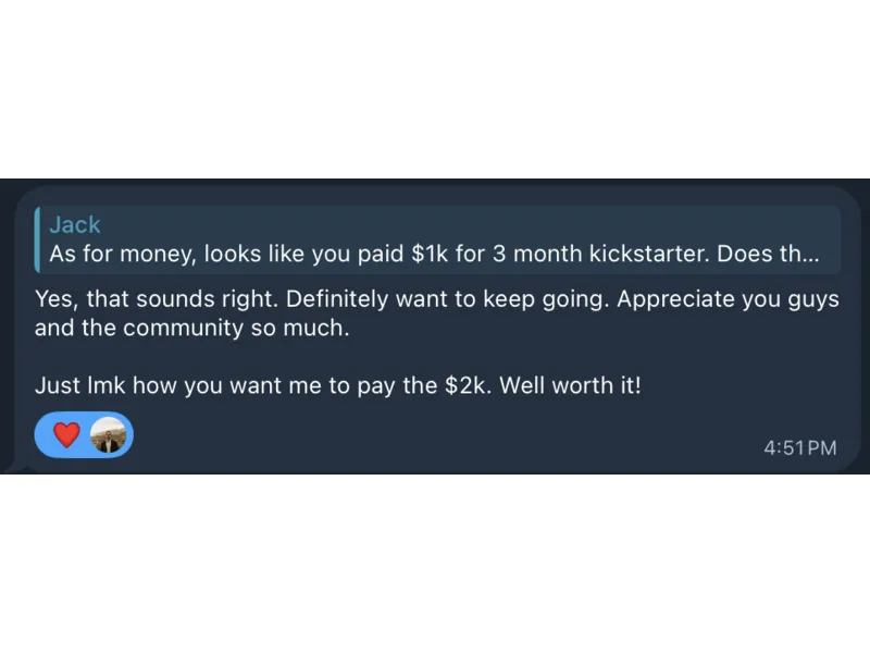 Testimonial screenshot: Client commits to $2k for continued services