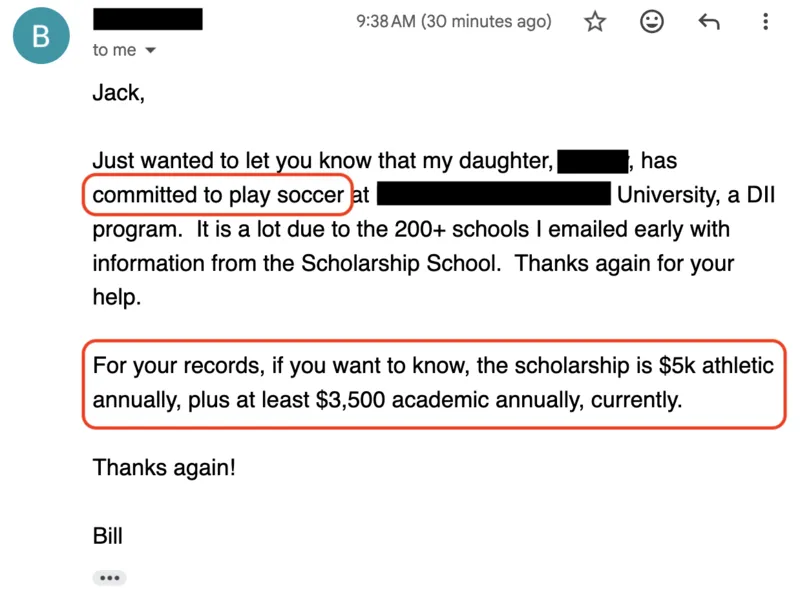 Testimonial screenshot: $8,500 annual total scholarship for Division I commitment