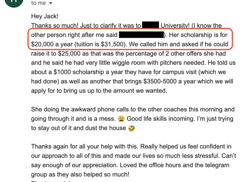Testimonial screenshot: Scholarship package includes $20,000 per year tuition aid