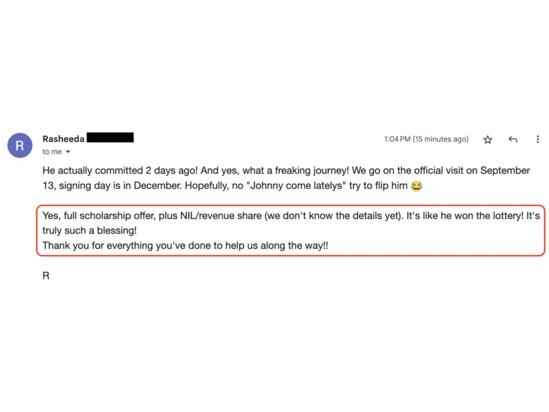 Testimonial screenshot: Full scholarship and NIL revenue share