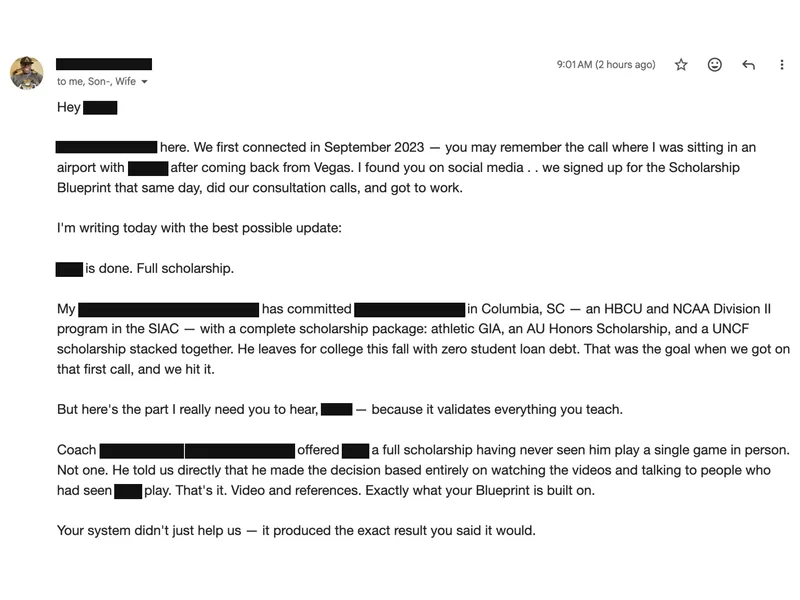 Testimonial screenshot: Full scholarship package secured for college