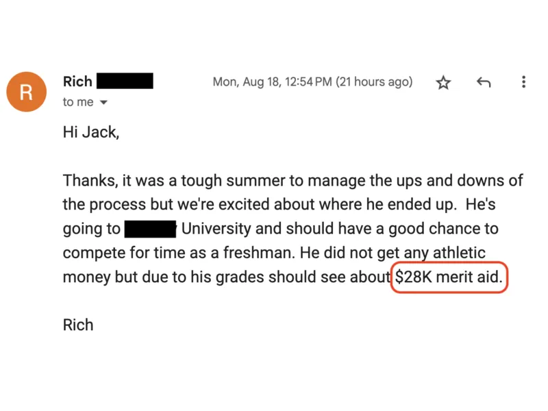 Testimonial screenshot: College commitment with potential academic aid