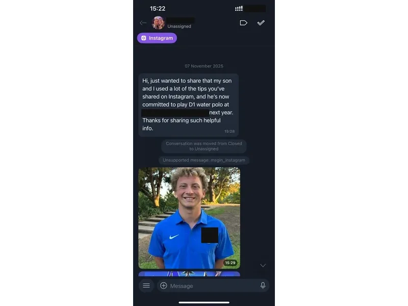 Testimonial screenshot: Committed to play D1 water polo