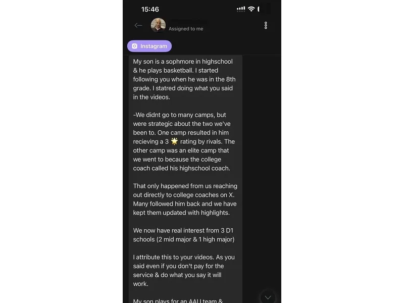 Testimonial screenshot: Real interest from 3 D1 basketball schools
