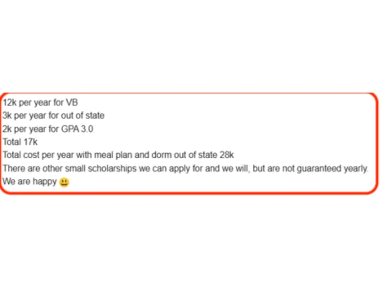 Testimonial screenshot: Scholarship package totals $17k per year