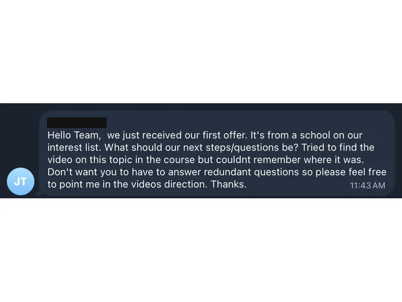 Testimonial screenshot: Student receives first athletic recruiting offer