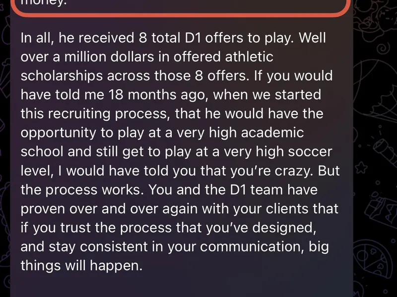 Testimonial screenshot: $220k D1 scholarship among 8 total offers