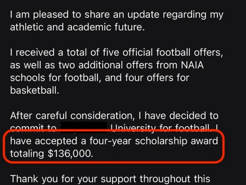 Testimonial screenshot: Five D1 football and four basketball offers
