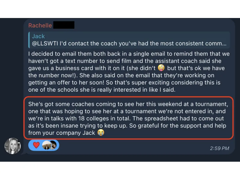Testimonial screenshot: In talks with 18 colleges and awaiting offers
