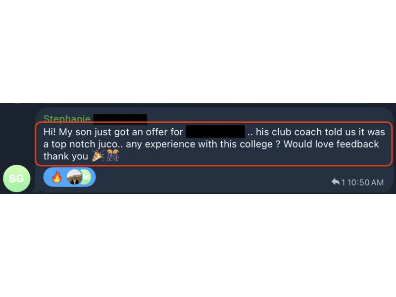 Testimonial screenshot: Son received offer from juco college