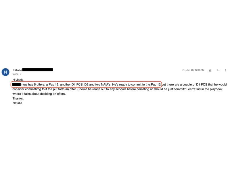Testimonial screenshot: Five offers including Pac-12 and D1 FCS