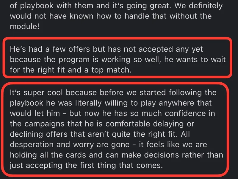 Testimonial screenshot: Built 22 college coach relationships from zero