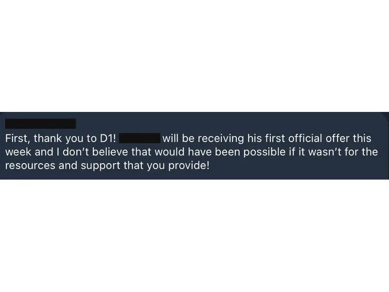 Testimonial screenshot: Athlete receives first official offer