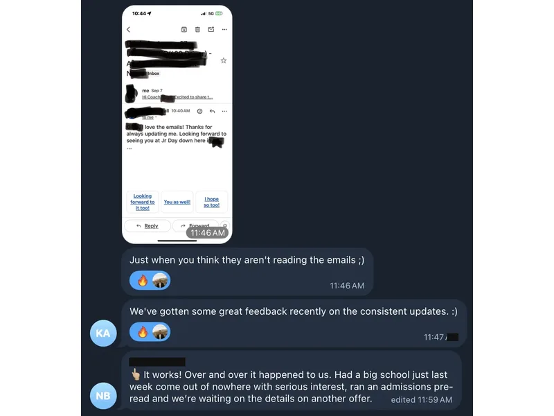 Testimonial screenshot: Consistent emails lead to serious coach interest