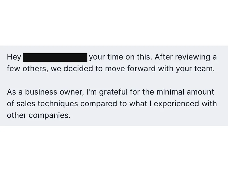 Testimonial screenshot: Client prefers program's straightforward sales process
