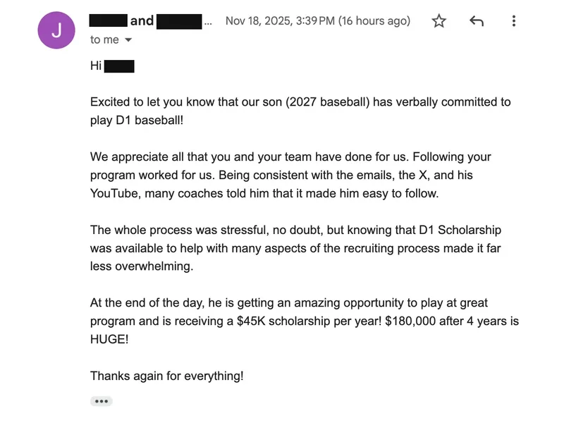 Testimonial screenshot: $180,000 scholarship opportunity over four years