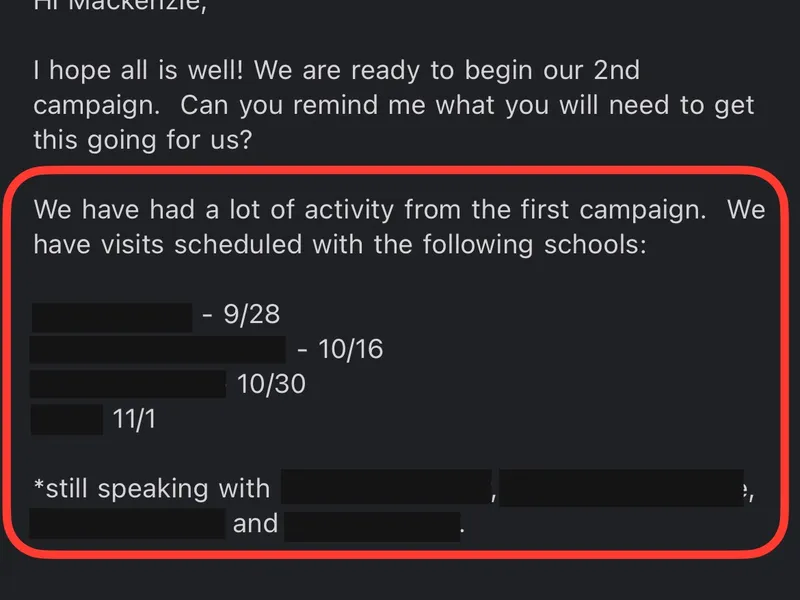 Testimonial screenshot: Multiple visits scheduled from second campaign