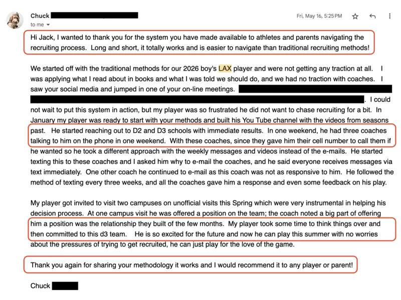 Testimonial screenshot: System helped secure D3 commitment successfully