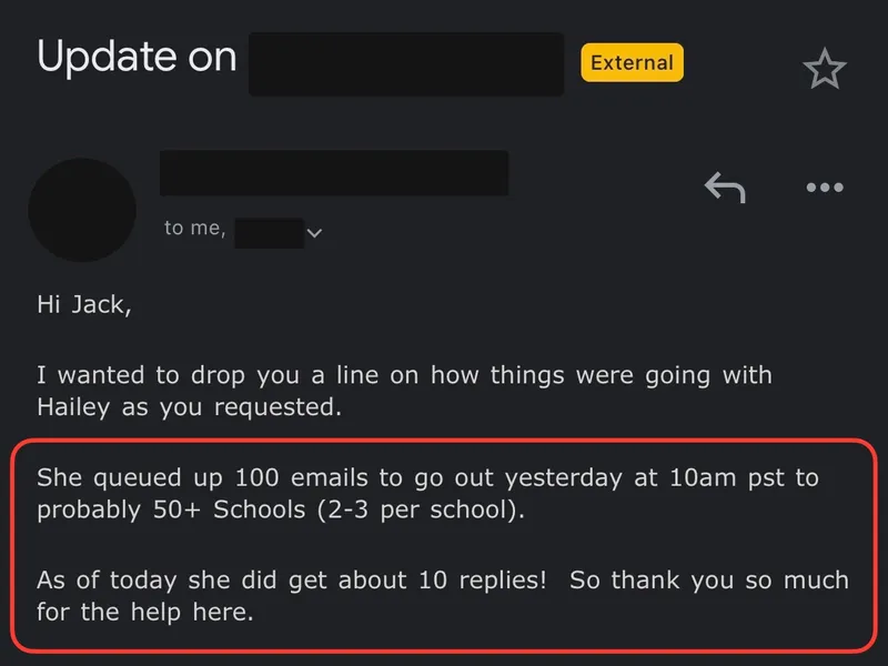 Testimonial screenshot: Received 10 replies within 24 hours of emailing