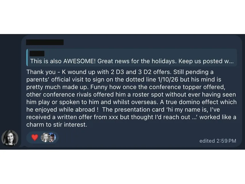Testimonial screenshot: Received two D3 and three D2 offers