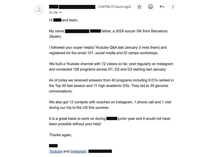 Testimonial screenshot: 25 genuine conversations from 128 programs contacted