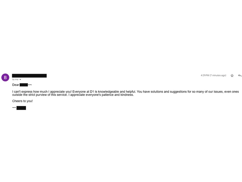 Testimonial screenshot: Appreciation for knowledgeable and helpful D1 staff