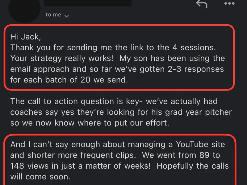 Testimonial screenshot: 2-3 coach responses per batch of 20 emails