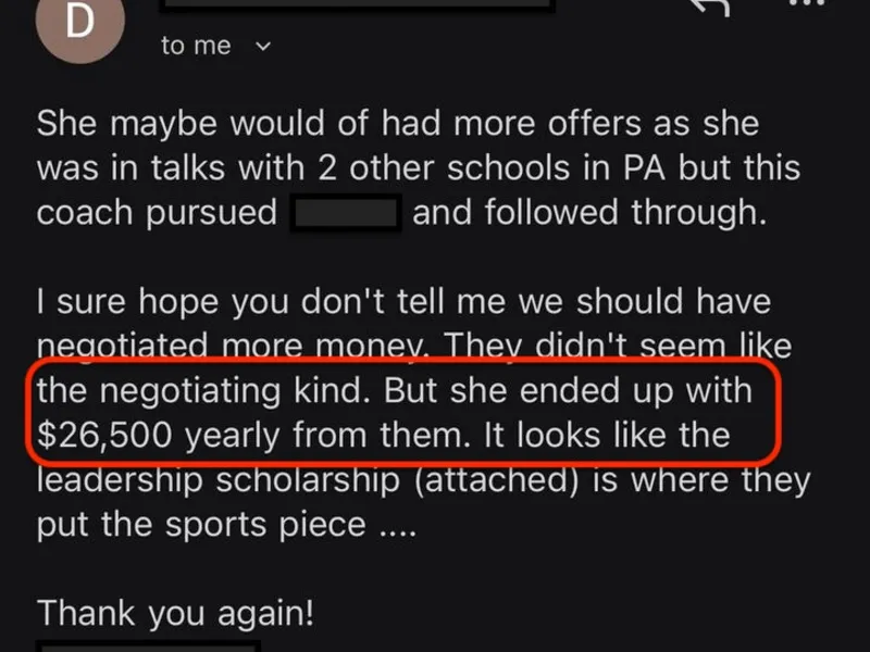 Testimonial screenshot: $26,500/year in scholarship money