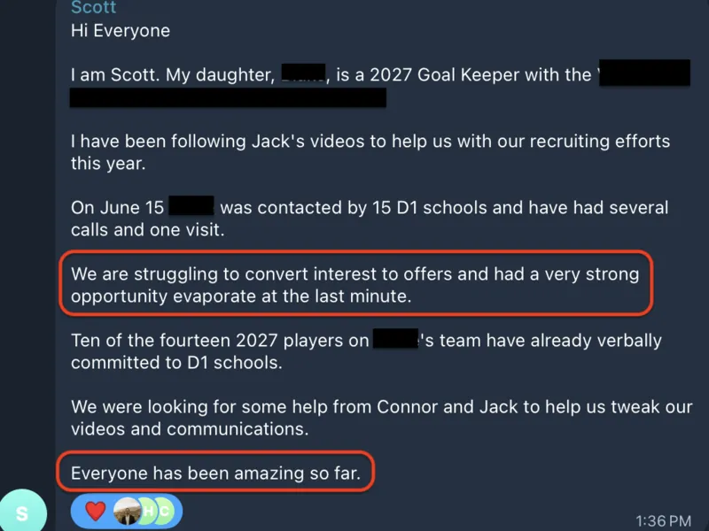 Testimonial screenshot: Engaged with 15 D1 schools after video feedback