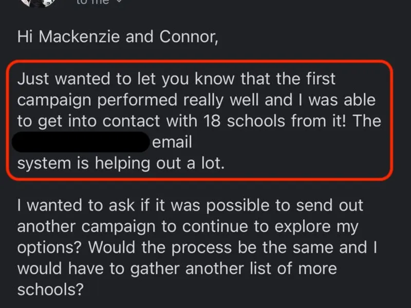 Testimonial screenshot: Successful campaign contacts 18 schools