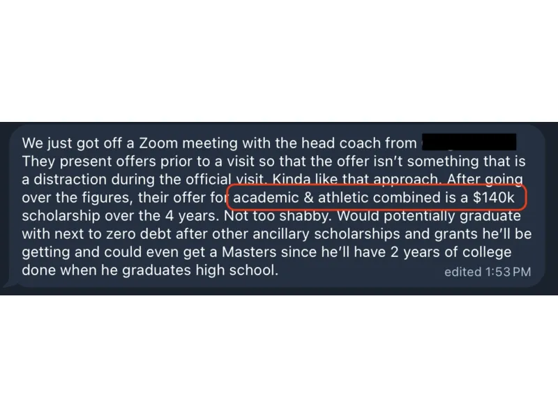 Testimonial screenshot: $140k academic and athletic scholarship package