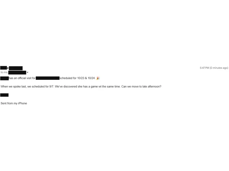 Testimonial screenshot: Scheduling an official visit
