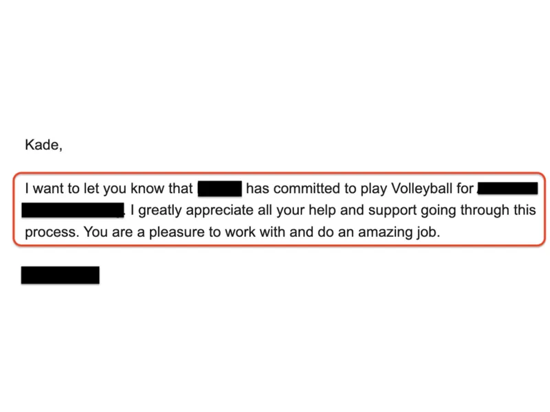 Testimonial screenshot: Athlete committed to play collegiate volleyball