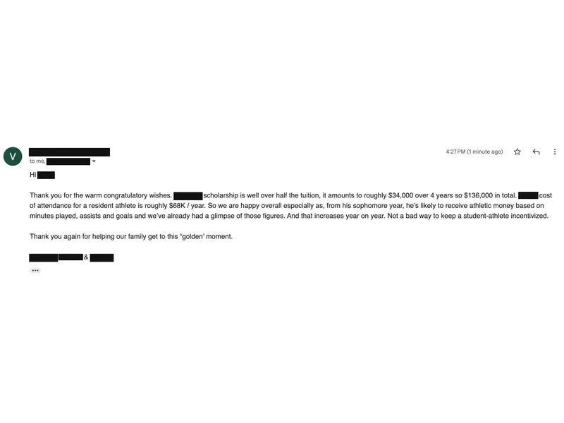 Testimonial screenshot: $136,000 total scholarship over four years