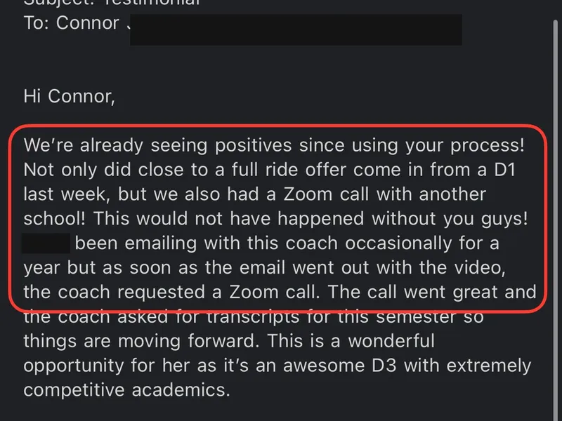 Testimonial screenshot: Almost full ride D1 scholarship offer received