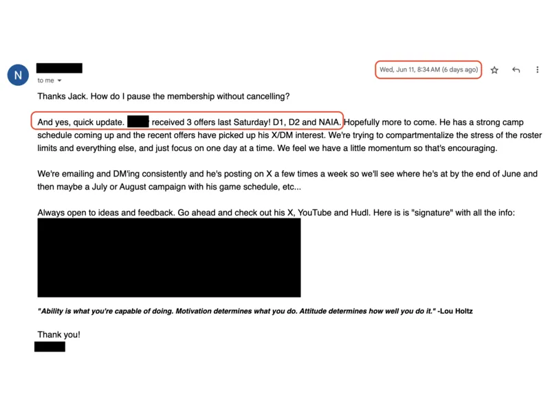 Testimonial screenshot: Three recent scholarship offers across D1, D2, NAIA