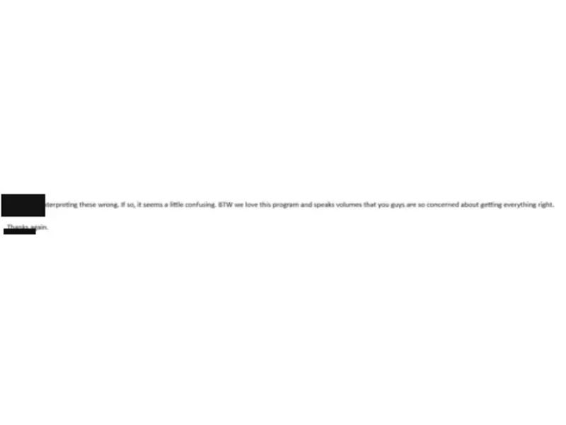 Testimonial screenshot: Appreciation for program thoroughness