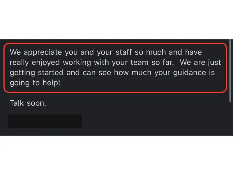 Testimonial screenshot: Appreciation for guidance and team support