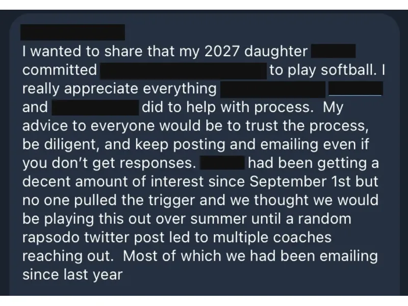 Testimonial screenshot: Committed to play college softball
