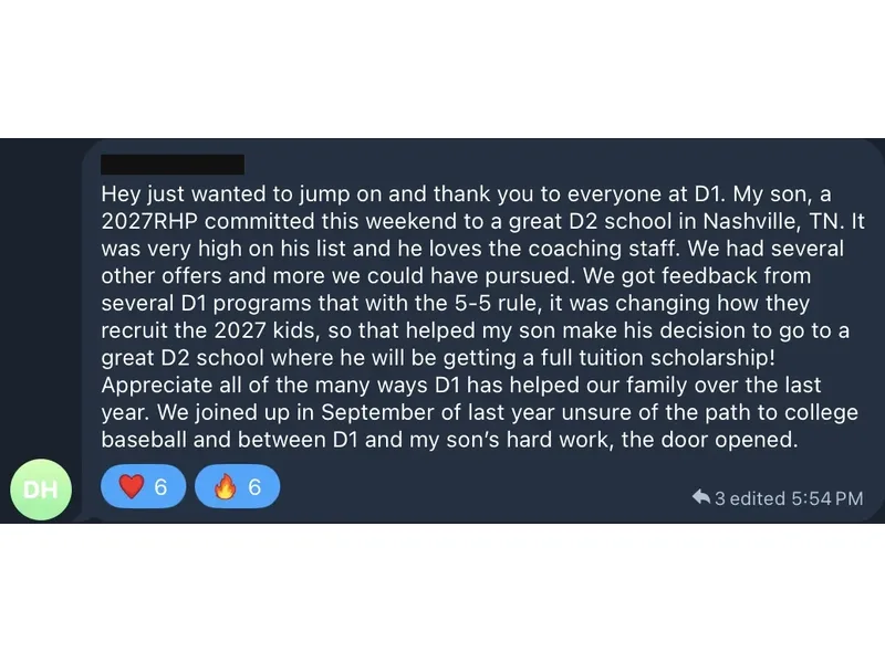 Testimonial screenshot: D2 commitment secured with full tuition scholarship