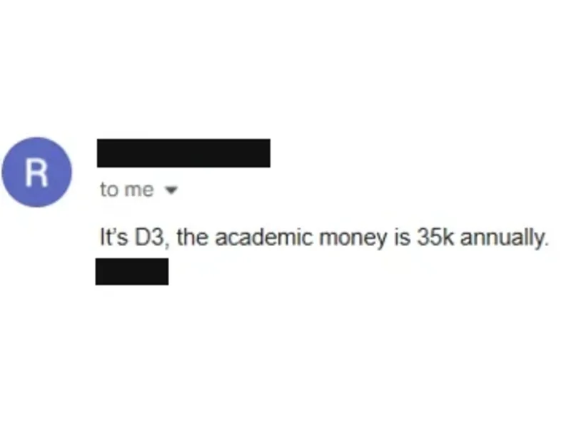 Testimonial screenshot: Academic scholarship provides $35k annually