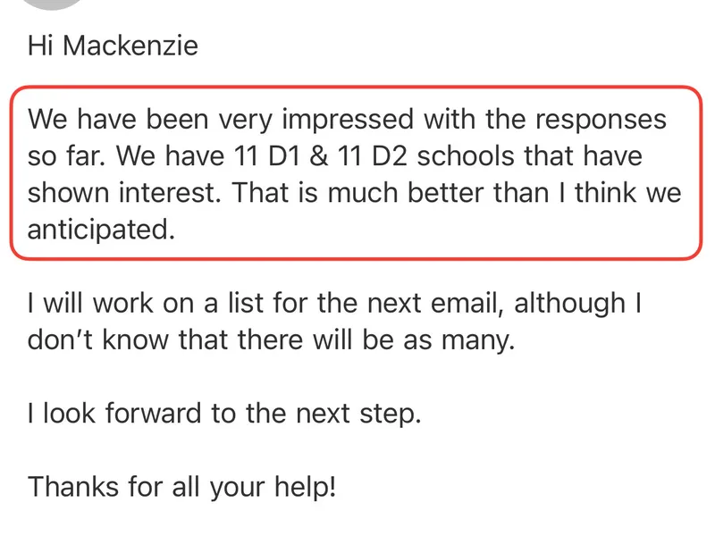 Testimonial screenshot: Generated interest from 11 D1 and 11 D2 schools